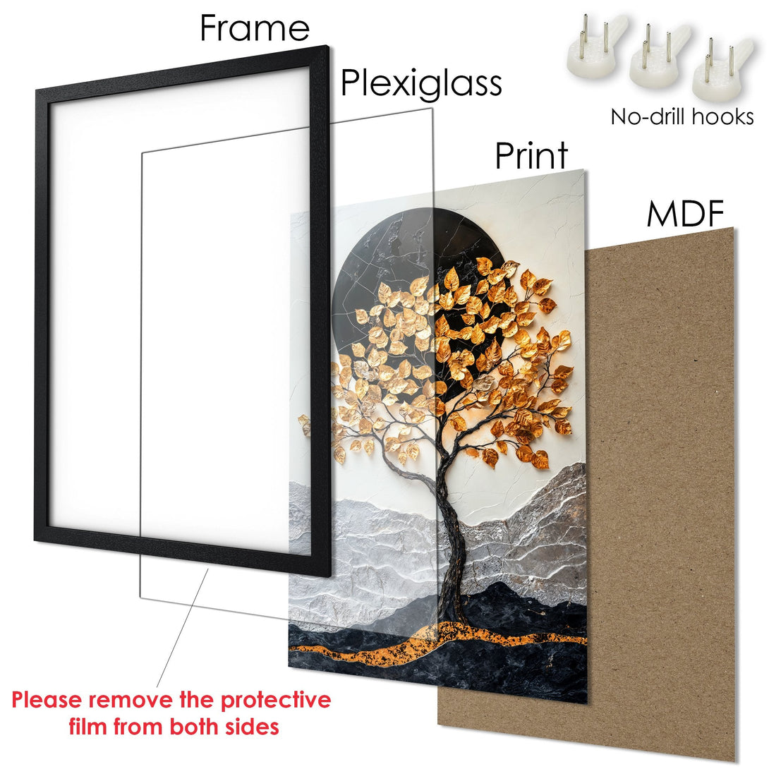 Framed Poster: Abstract tree art print with gold, black, and white color palette. Modern wall decor for your home.