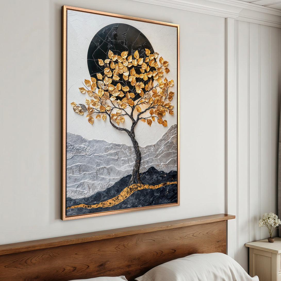 Framed Wall Art featuring a golden tree against a textured, abstract background. Modern art with a neutral and gold color palette, perfect for home decor.