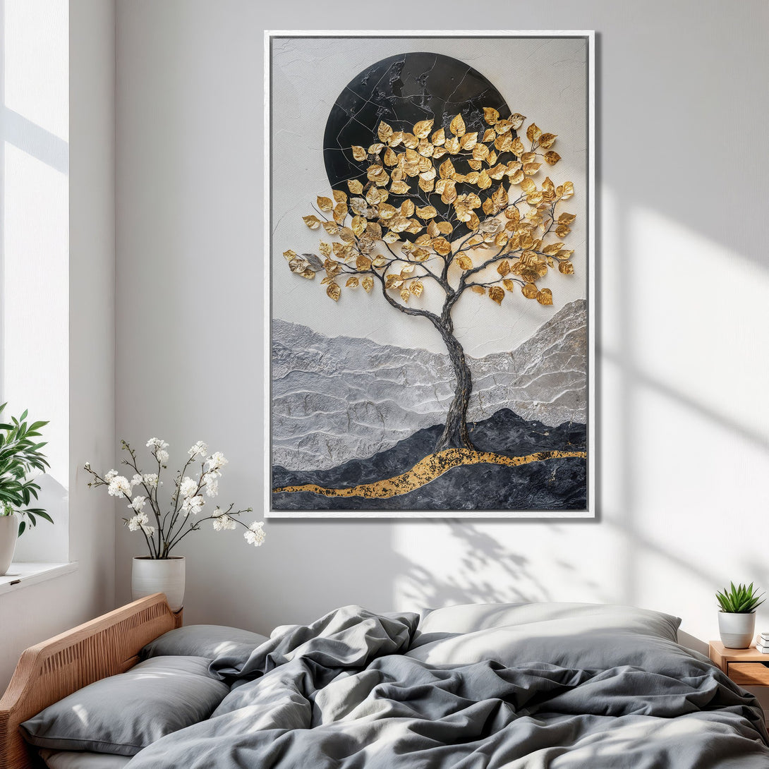 Framed Wall Art featuring a gold leaf tree against a textured background. Modern, abstract style with a neutral and gold color palette, perfect for any interior.