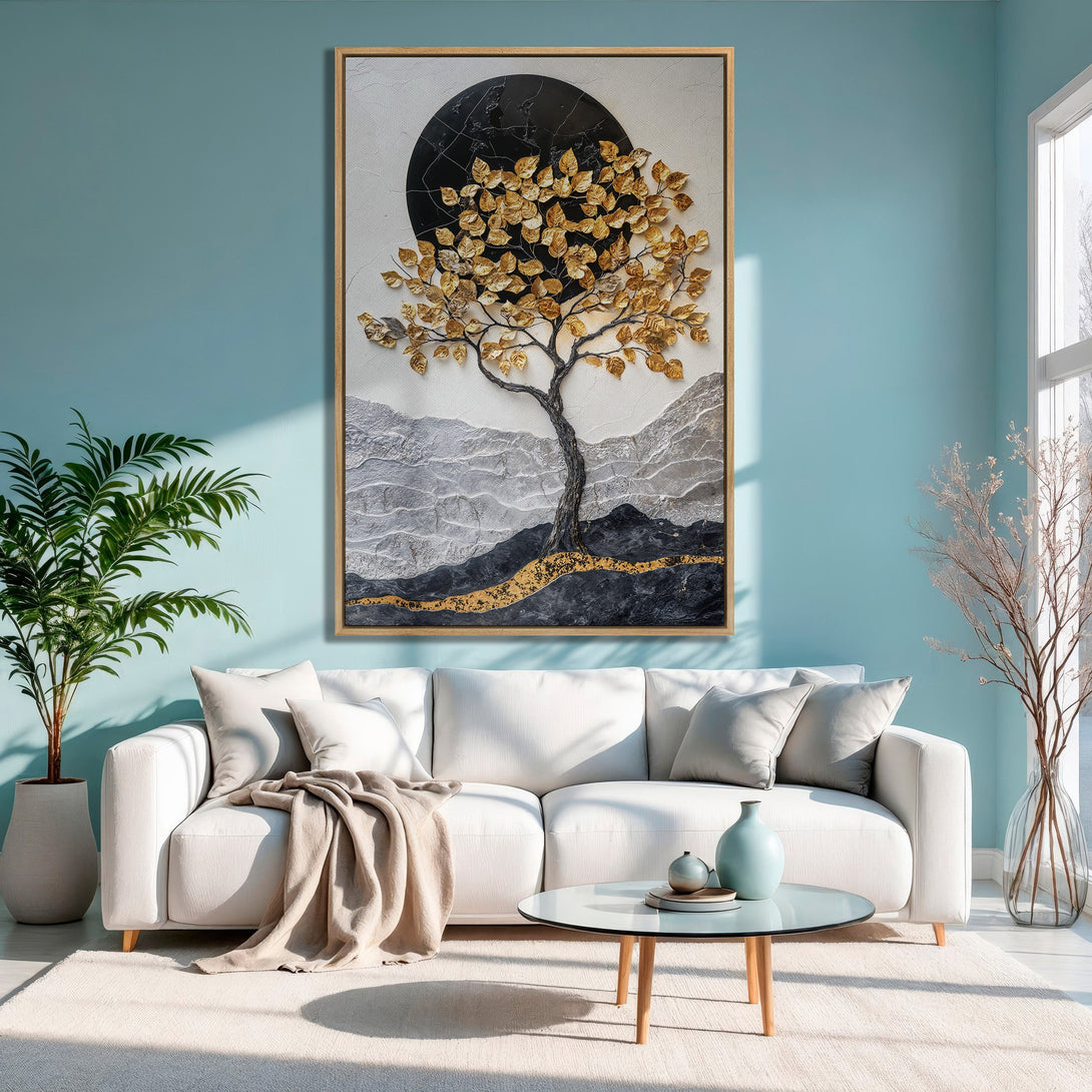 Framed Wall Art featuring a gold leaf tree against a black and white landscape. Modern art with a neutral and gold color palette, perfect for home decor.