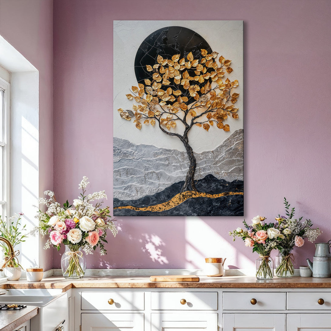 Framed Wall Art: Gold leaf tree canvas print in a modern living room. Features a neutral color palette with gold and black accents, perfect for home decor.