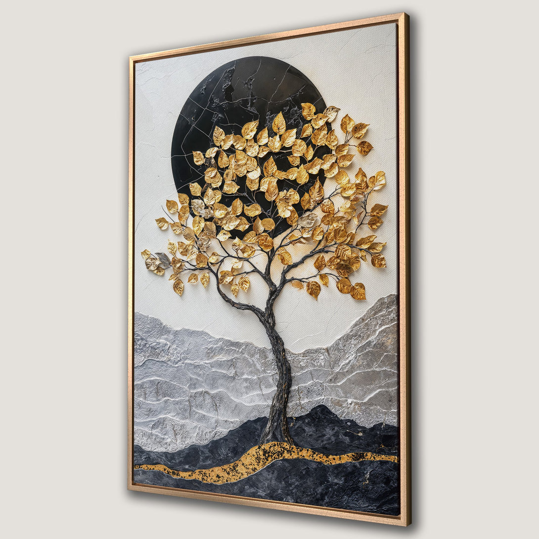 Framed Wall Art of a golden leaf tree against a black circle and textured landscape. Modern art with a neutral and gold color palette.
