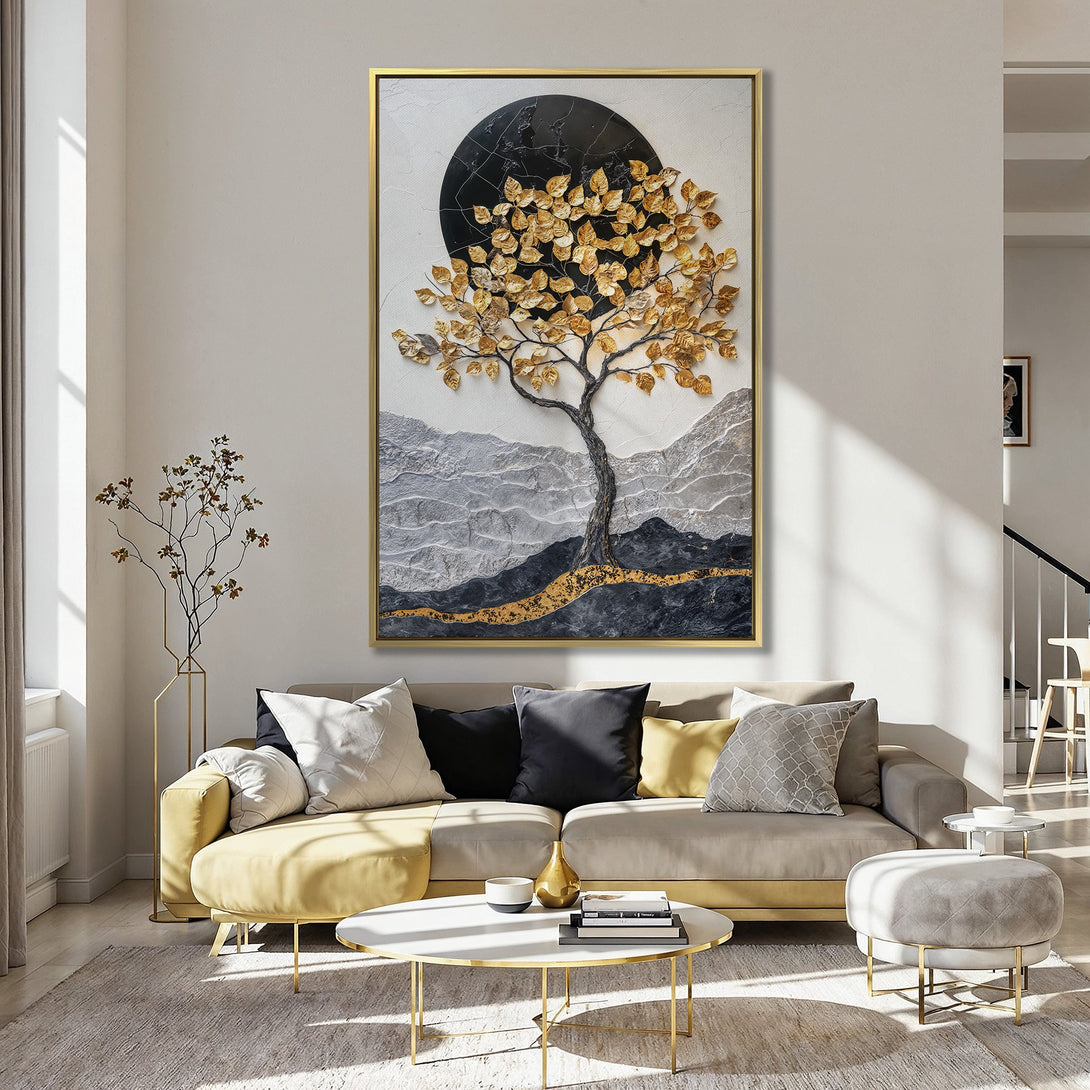 Canvas Print of a gold leaf tree art piece in a modern kitchen. Features a neutral and gold color palette, perfect for home decor.