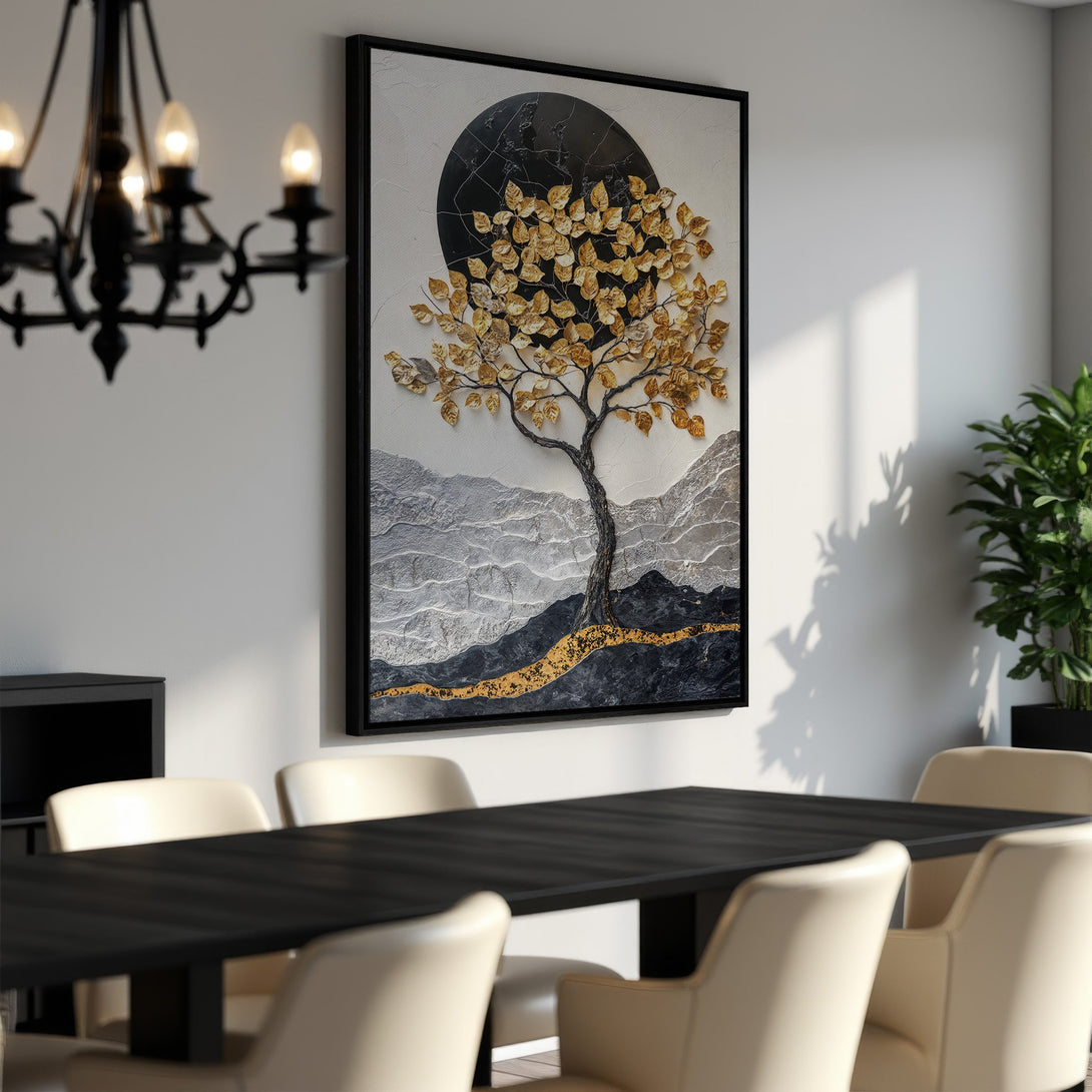 Framed Wall Art: Abstract tree art with gold leaves, black and gray mountains, and a neutral color palette. Perfect for modern dining rooms.