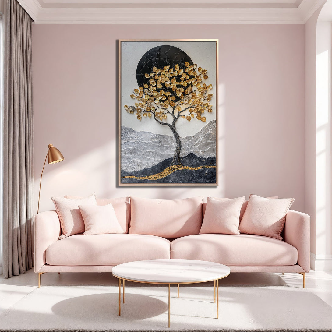 Framed Wall Art: Gold leaf tree art in a modern living room. Features a neutral color palette with pink and gold accents, perfect for home decor.