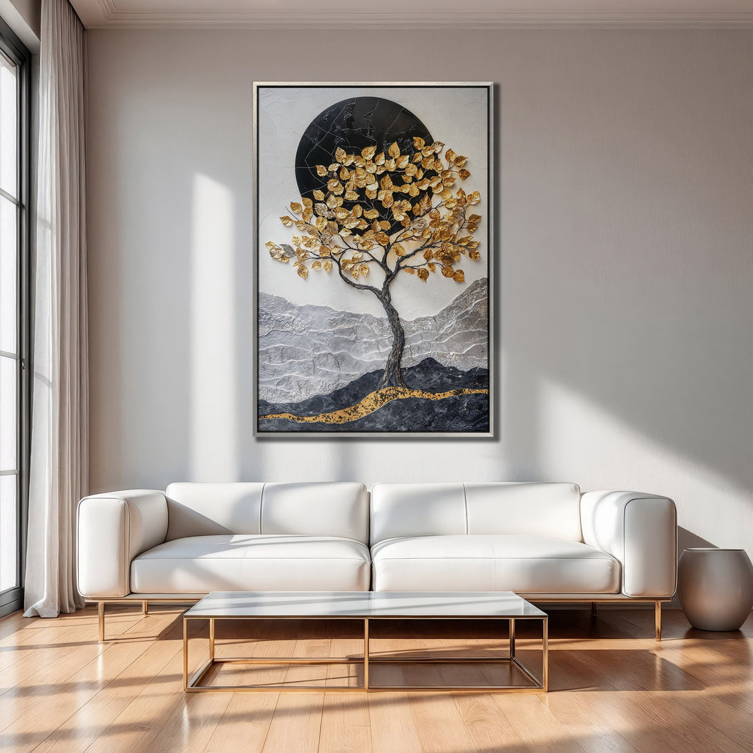 Framed Wall Art: Modern abstract tree art with gold accents on a textured canvas. Neutral color palette, perfect for living room decor.