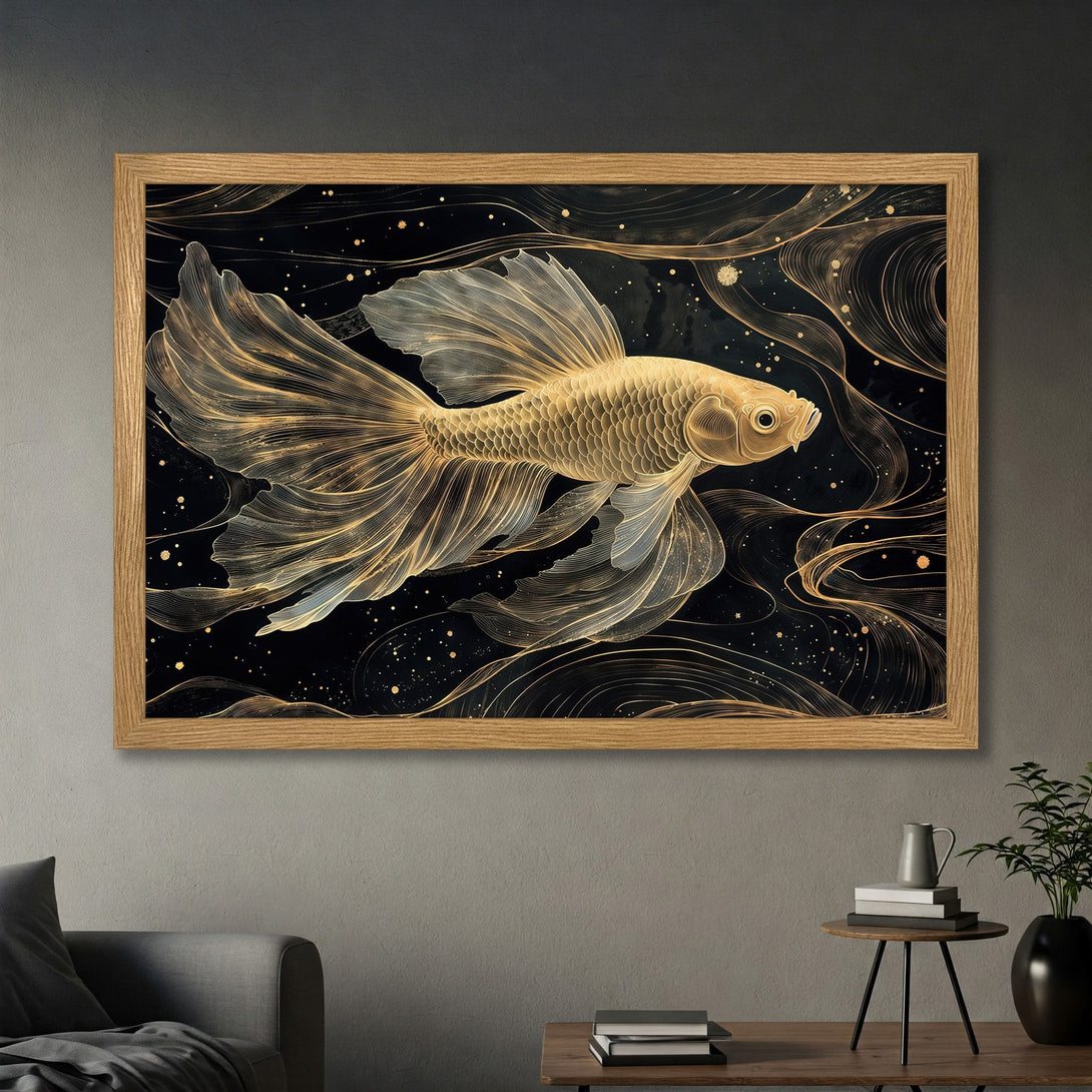 Framed Poster featuring a golden koi fish illustration in an elegant, art nouveau style on a black background. Gold and black color palette.