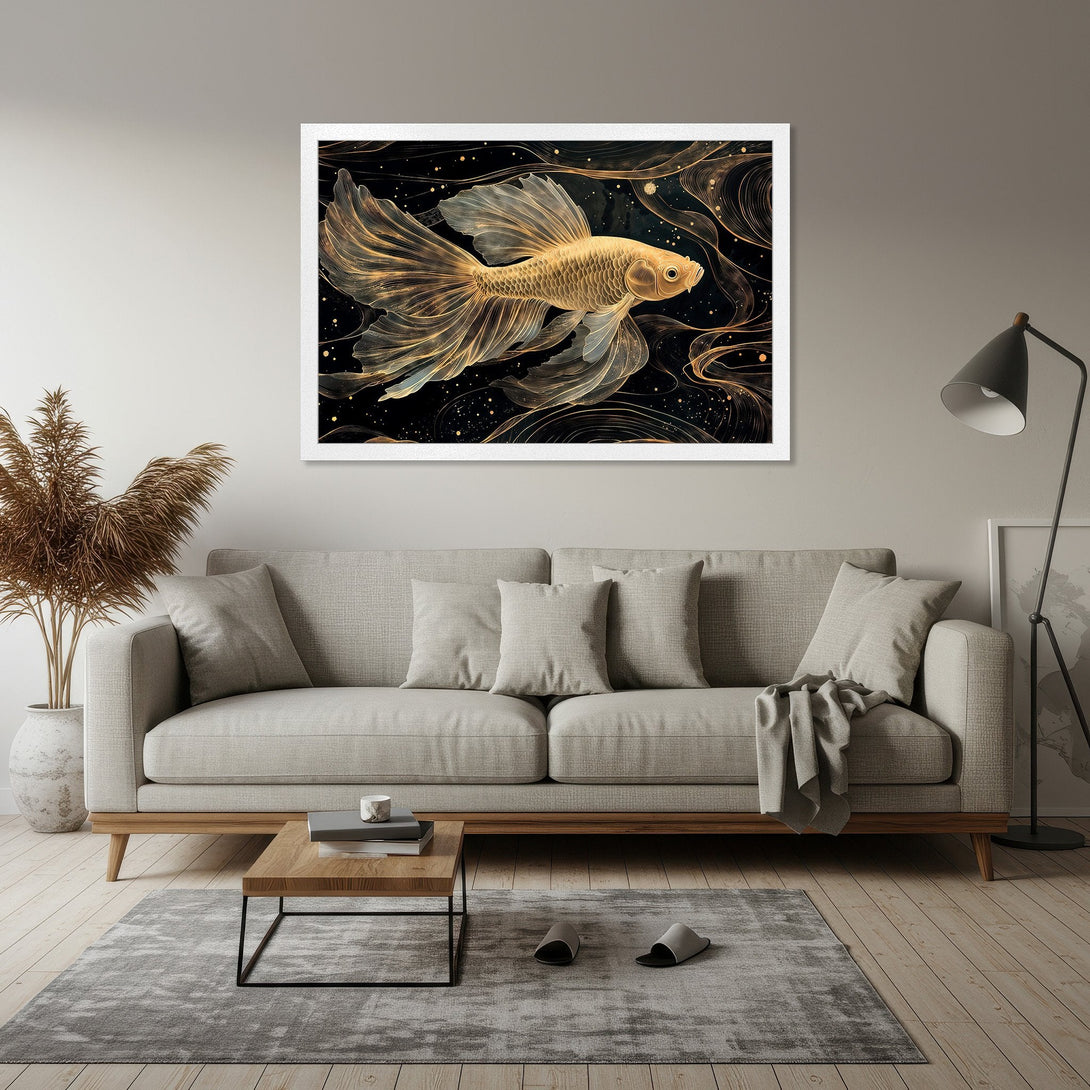 Framed Poster featuring a golden fish in an abstract style with a black and gold color palette, perfect for home decor.