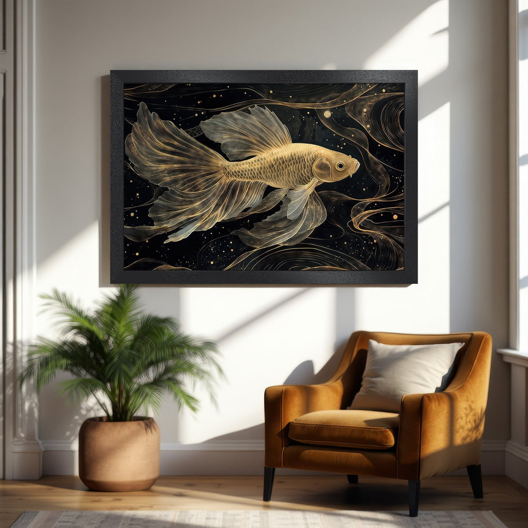 Framed Poster featuring a golden fish illustration on a black background. Elegant art print with a gold and black color palette.