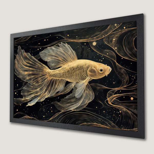 Framed Poster featuring a golden fish illustration in an elegant, artistic style with a black and gold color palette.
