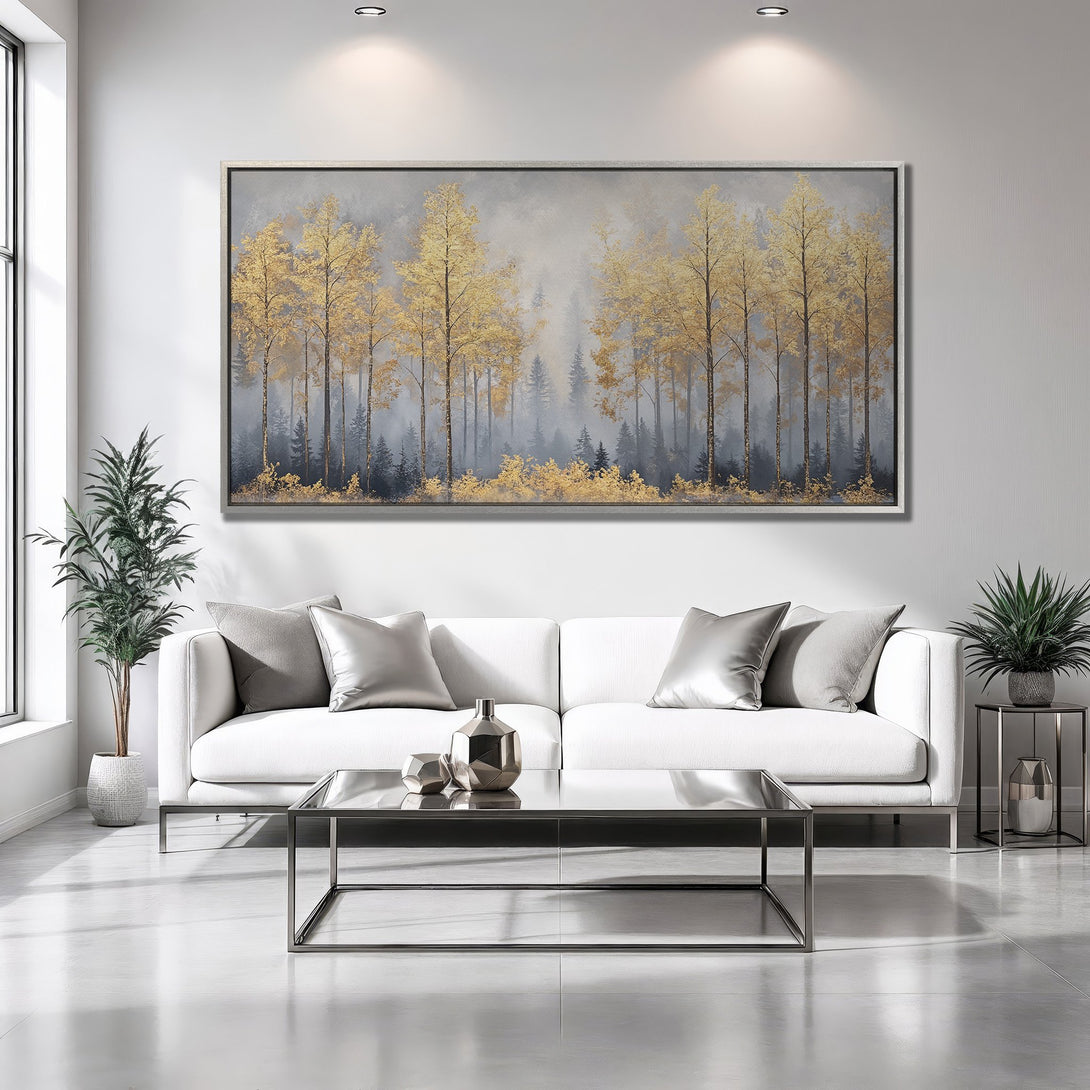 Framed Wall Art: Golden forest landscape canvas print in a modern interior. Features gold, gray, and blue color palette, perfect for home decor.