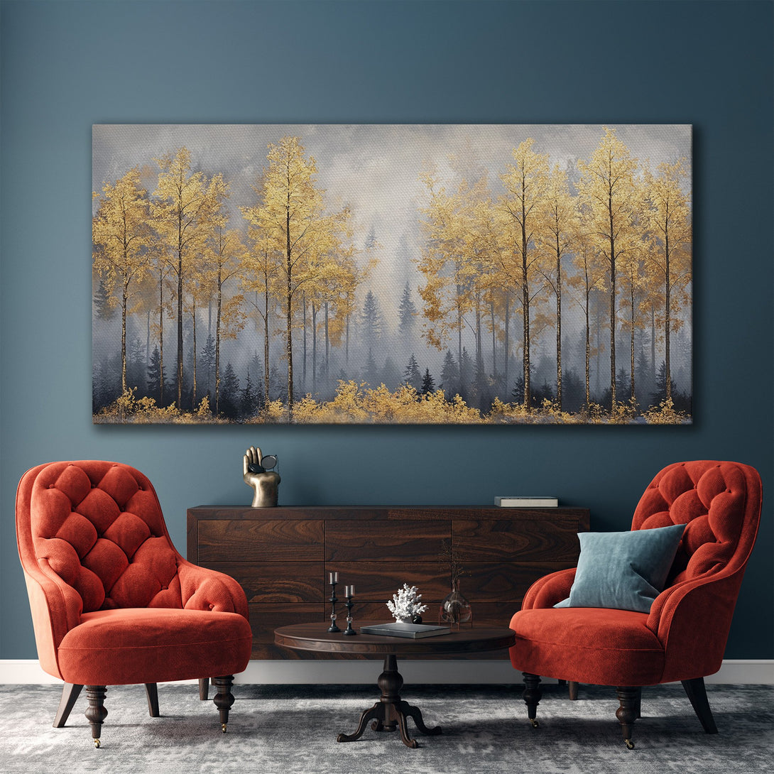 Framed Wall Art: Golden forest landscape canvas print in a modern interior. Features gold, gray, and blue color palette, creating a serene and stylish ambiance.