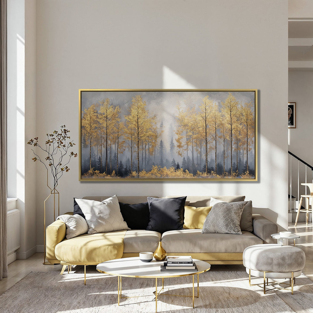 Canvas Print of golden forest art in a modern interior. Features gold, gray, and blue color palette. Elevate your space with this stunning wall art.