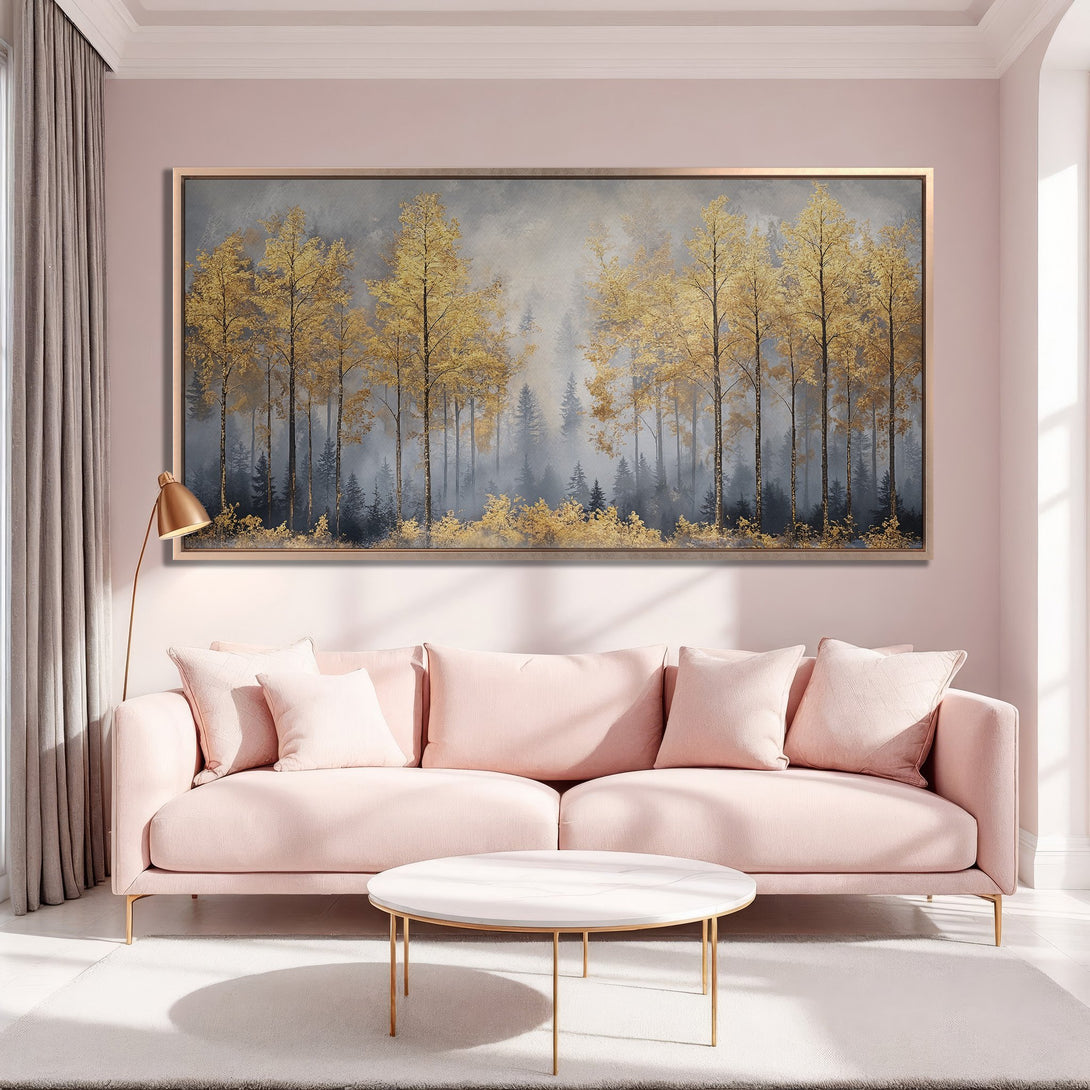 Framed Wall Art: Golden forest scene in soft, romantic colors. Elevate your space with this stunning artwork. Perfect for a cozy living room.