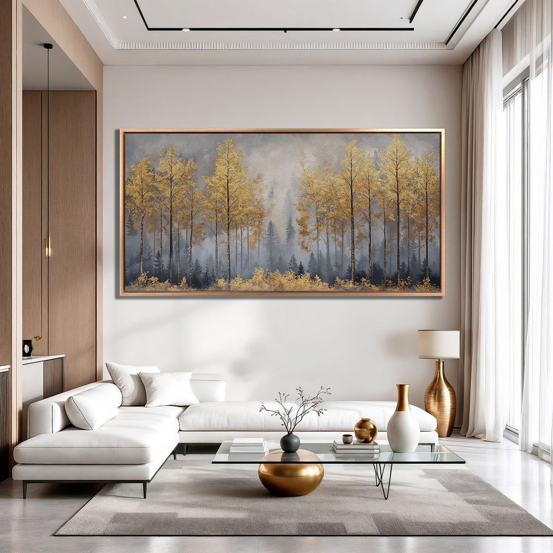 Framed Wall Art: Gold forest landscape canvas print. Modern art with gold, gray, and white color palette, perfect for a stylish living room.