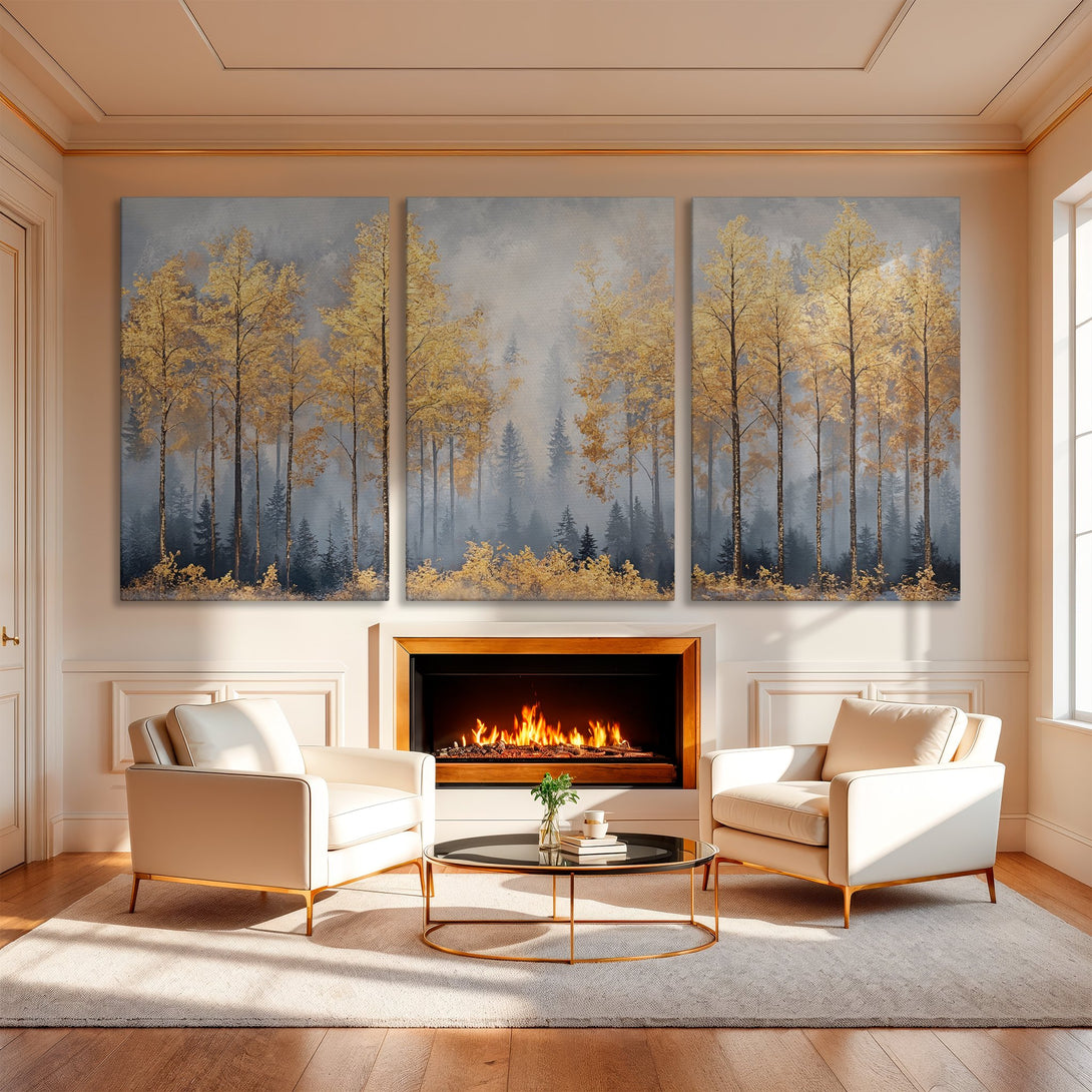 Canvas Print of golden forest art in a modern living room. Elegant decor with a neutral color palette. Enhance your space today!