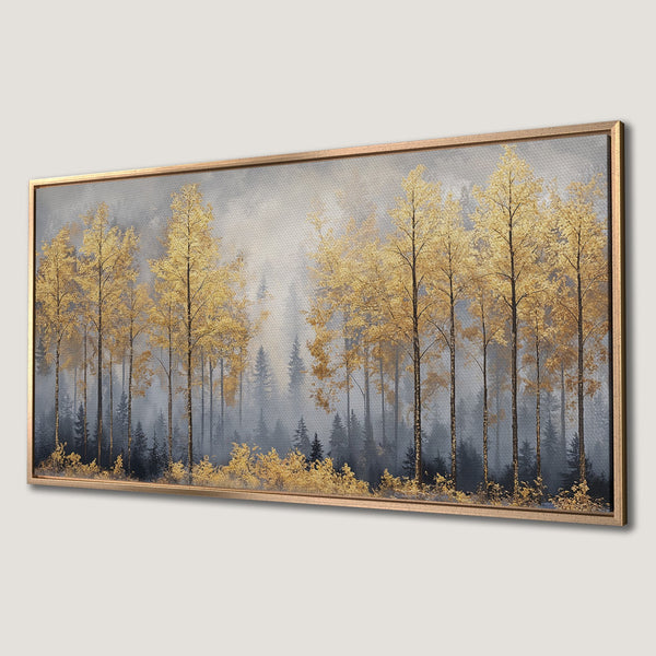Framed Wall Art: Golden forest painting in a serene, misty style. Featuring a warm gold and cool gray color palette. Perfect for adding elegance to any space.