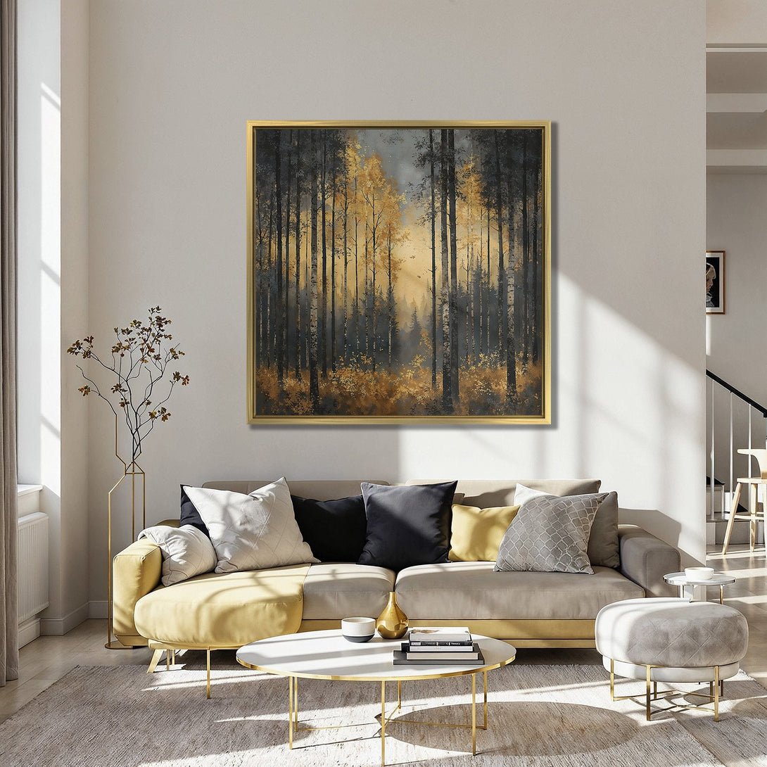 Canvas Print of a forest scene in gold and black, displayed in a stylish interior with red chairs and a blue wall.