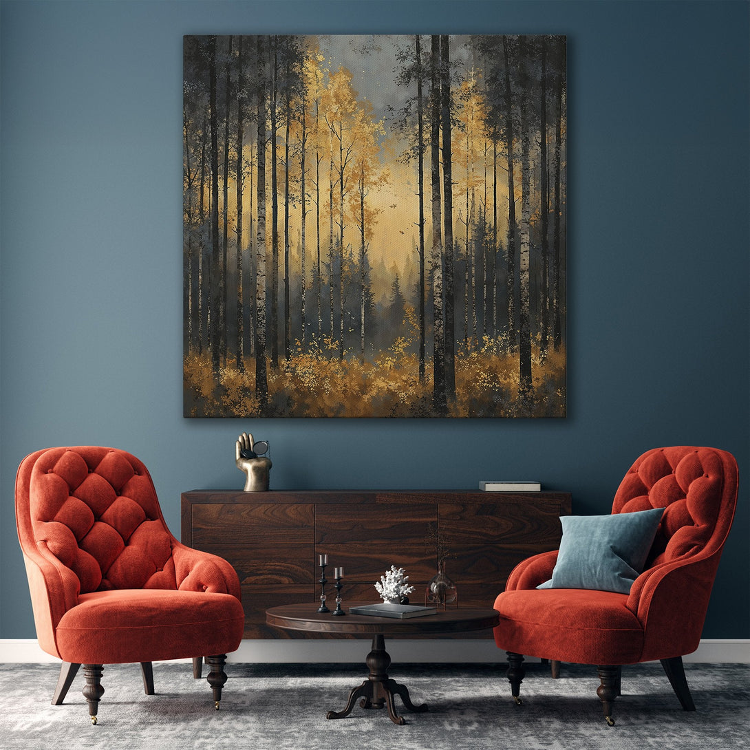 Framed Wall Art: Forest scene Canvas Print with gold and black tones. Modern art for living room decor. Enhance your home with this stunning artwork.