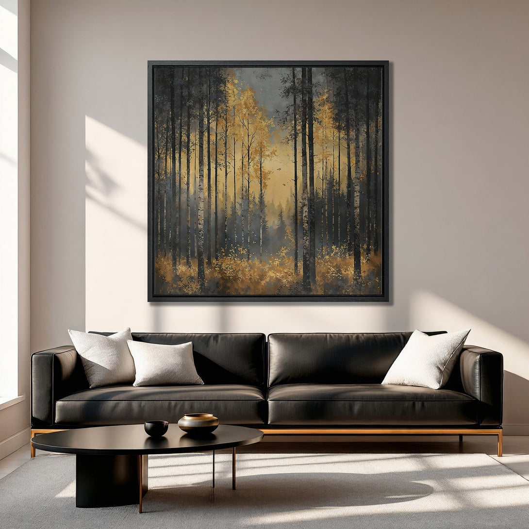 Framed Wall Art: Forest scene in gold and black tones. Modern abstract art canvas print adds a touch of nature and elegance to any living room.