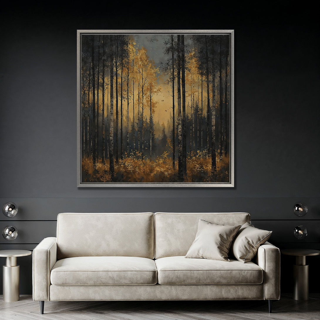 Framed Wall Art: Forest scene canvas print with gold and black color palette. Modern art for living room decor. Enhance your home with this beautiful artwork.