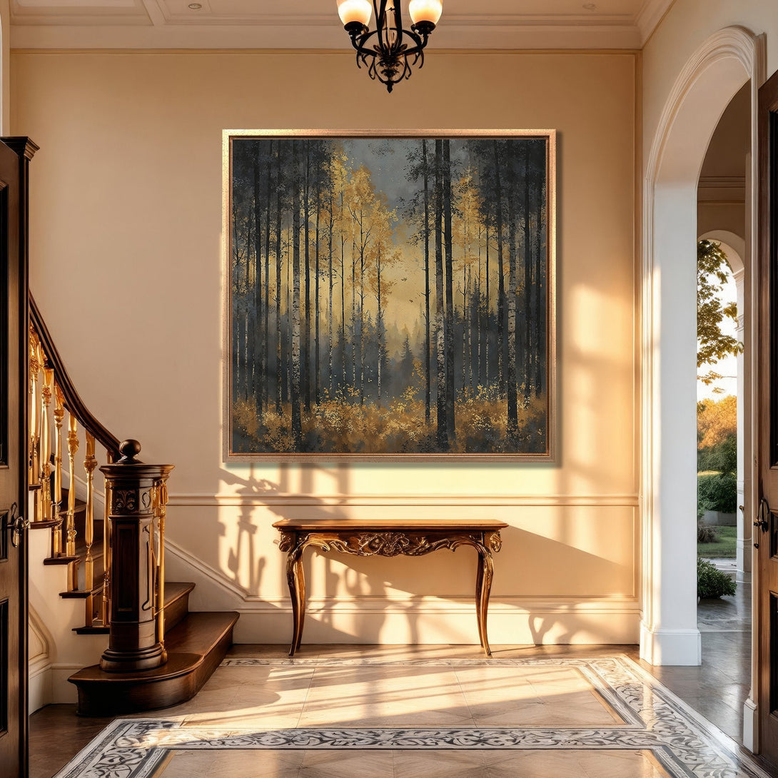 Framed Wall Art: Forest scene in a gold frame. Modern art with a moody palette of gold, gray, and black, perfect for adding sophistication to your home.