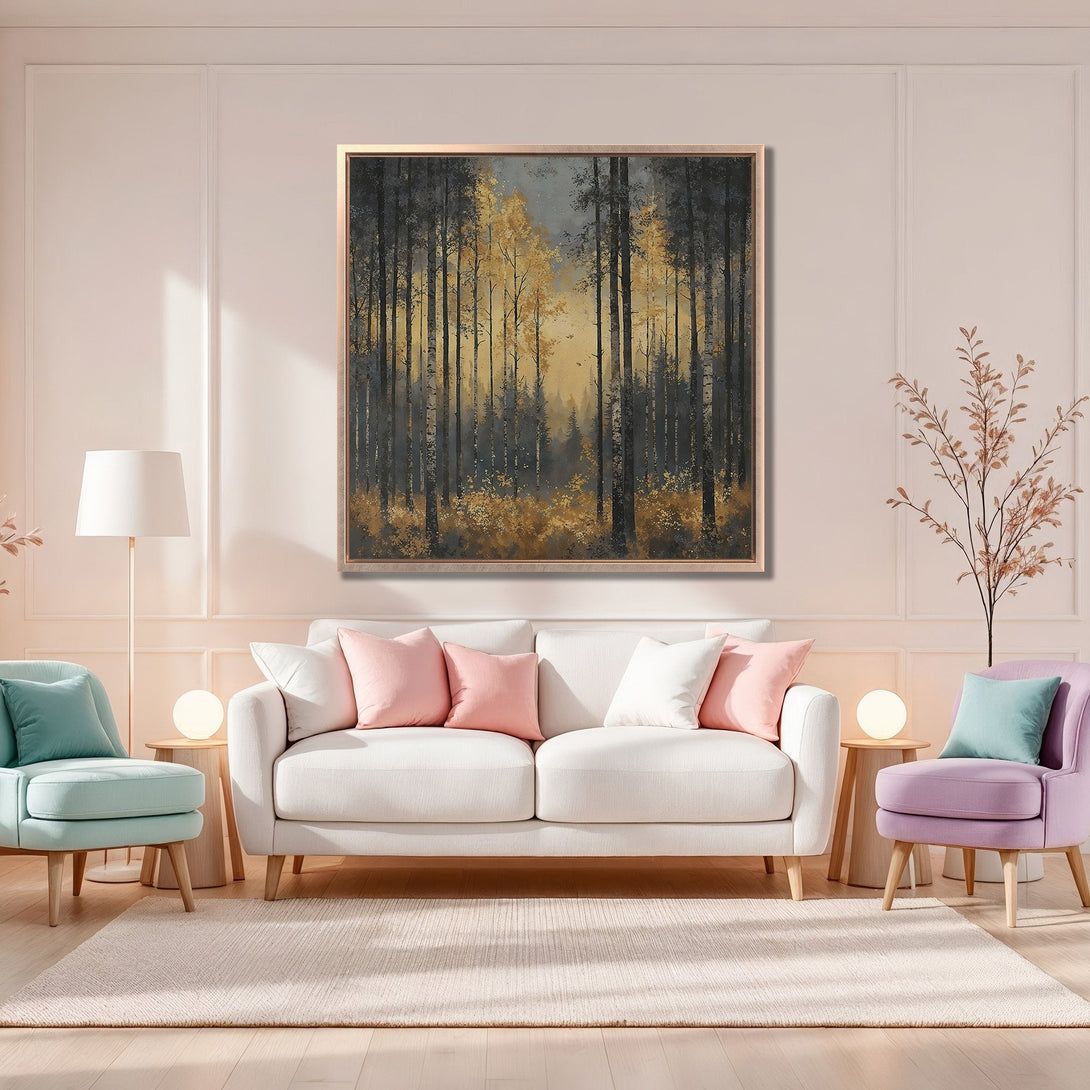 Framed Wall Art featuring a serene forest scene in muted gold, gray, and black tones. Perfect for adding a touch of nature-inspired elegance to any space.
