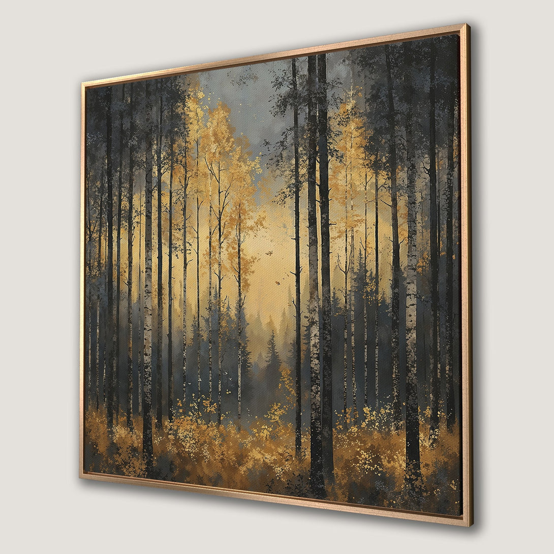 Framed Wall Art: Forest scene canvas print with gold and dark blue tones. Bring the beauty of nature into your home with this stunning artwork.