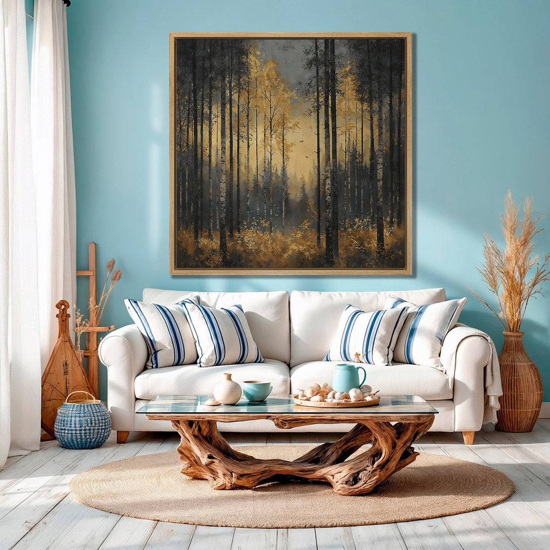 Framed Wall Art: Forest landscape Canvas Print in gold and grey tones. Adds a touch of nature and elegance to any living room decor. Shop now!