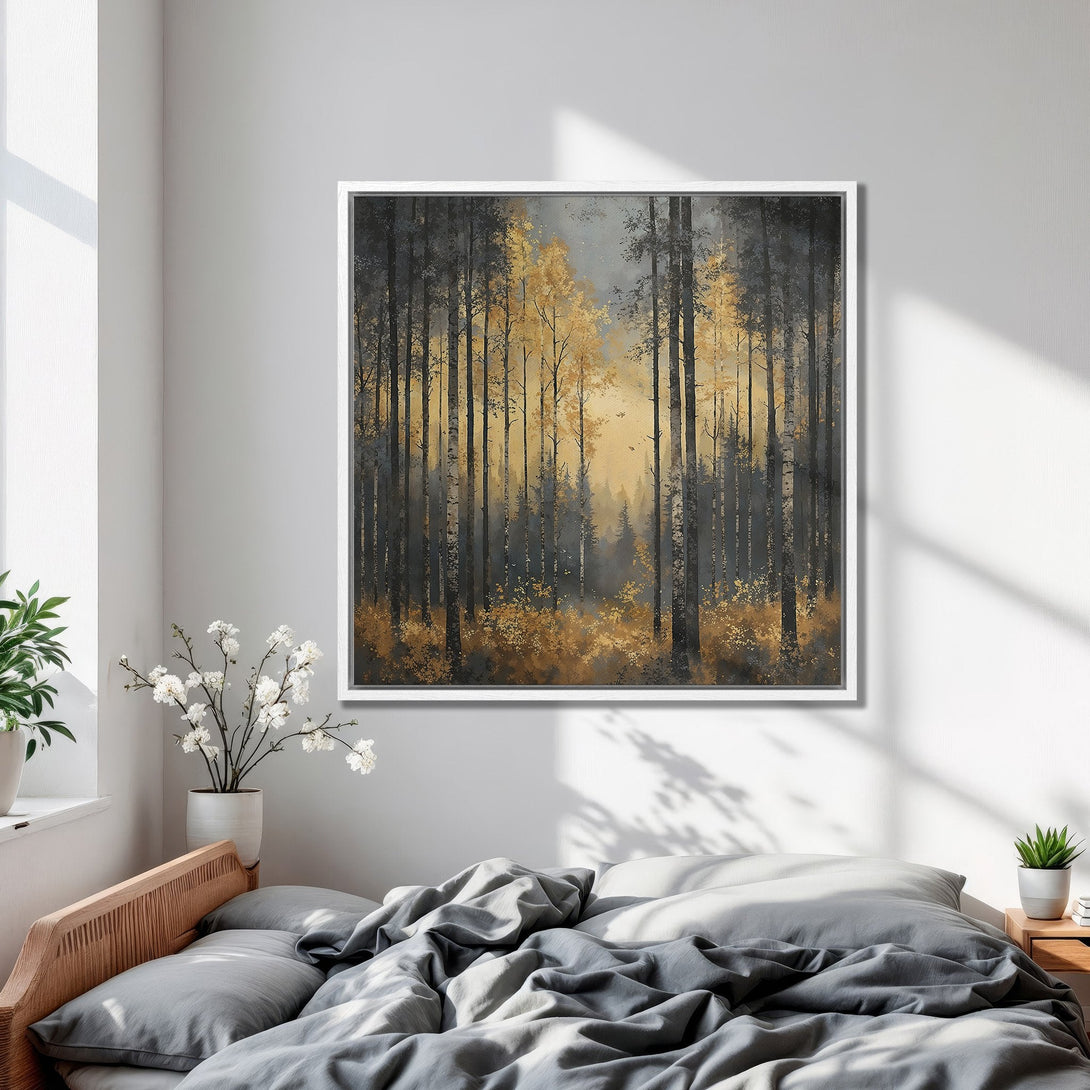 Framed Wall Art featuring a serene forest scene in muted gold and gray tones. Perfect for adding a touch of nature-inspired art to your bedroom.