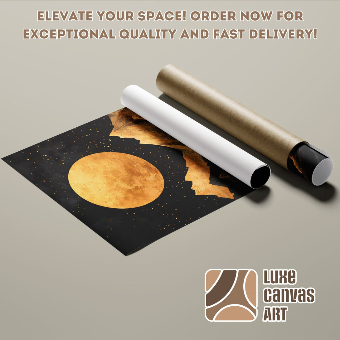 Poster Roll featuring a celestial design in gold and black. Modern art style, perfect for home decor.
