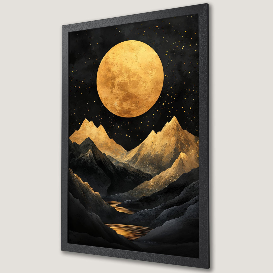 Framed Poster featuring a celestial landscape with a golden moon, mountains, and a dark, moody color palette. Perfect wall art.