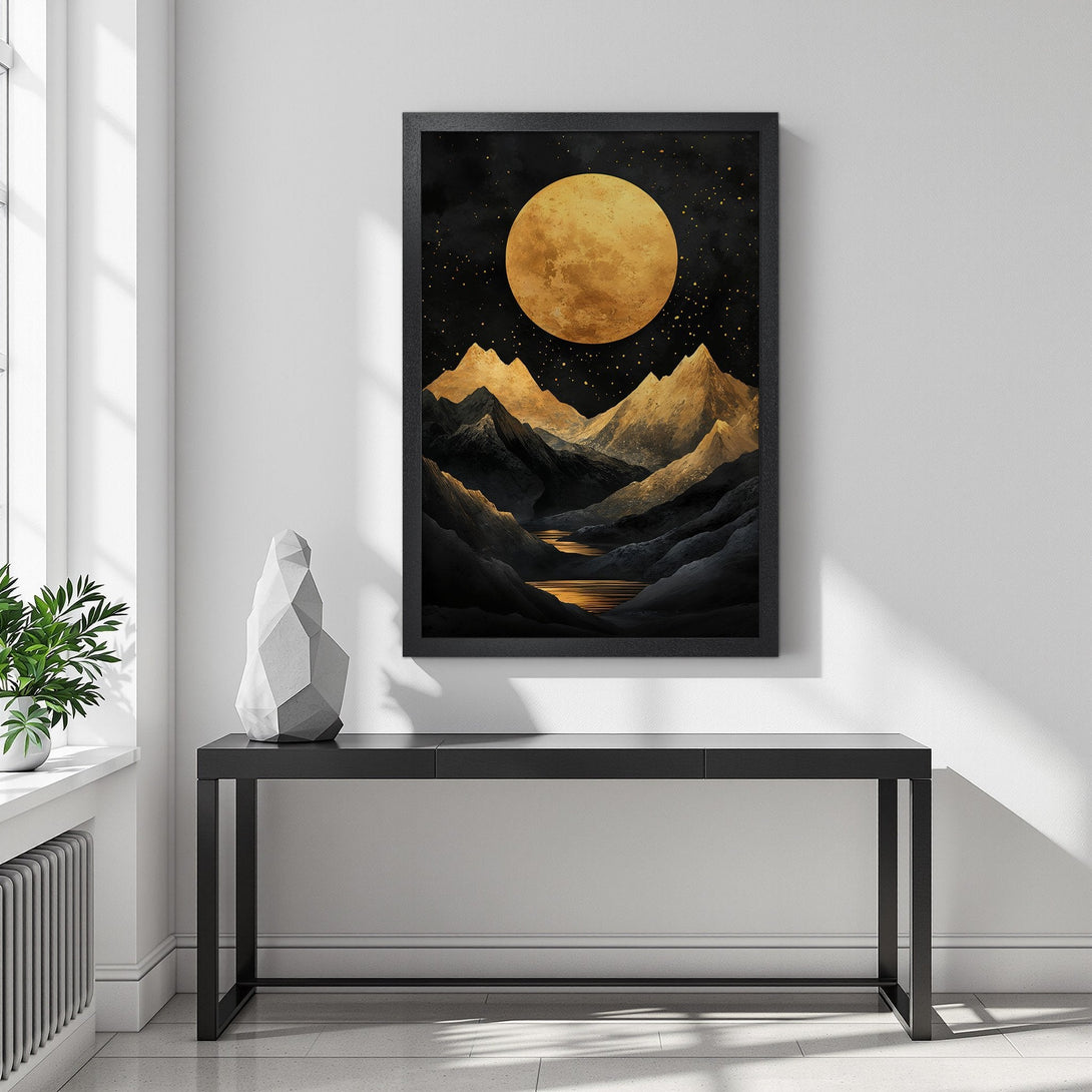 Framed Poster featuring a celestial mountain landscape in gold and black tones. Perfect wall art for a modern home.