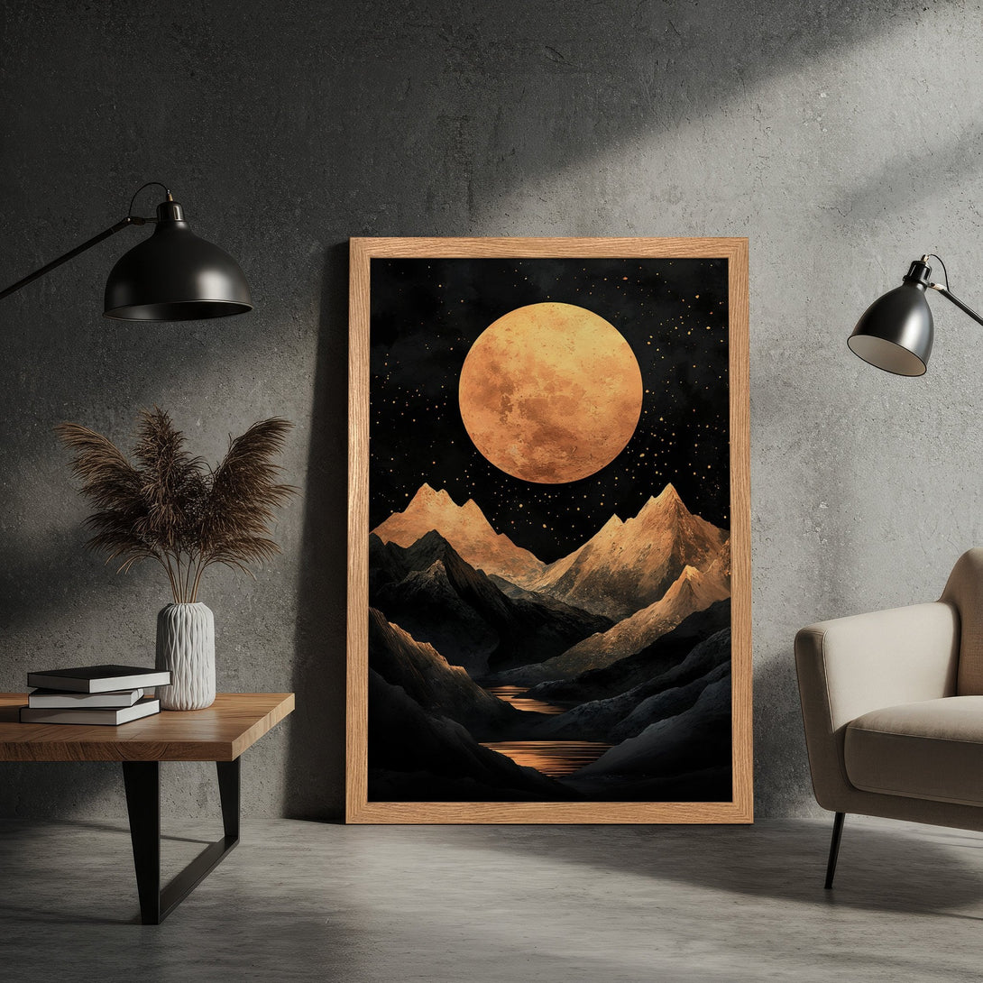 Framed Poster featuring a moonlit mountain landscape in a warm, earthy color palette. Perfect wall art for a modern home!