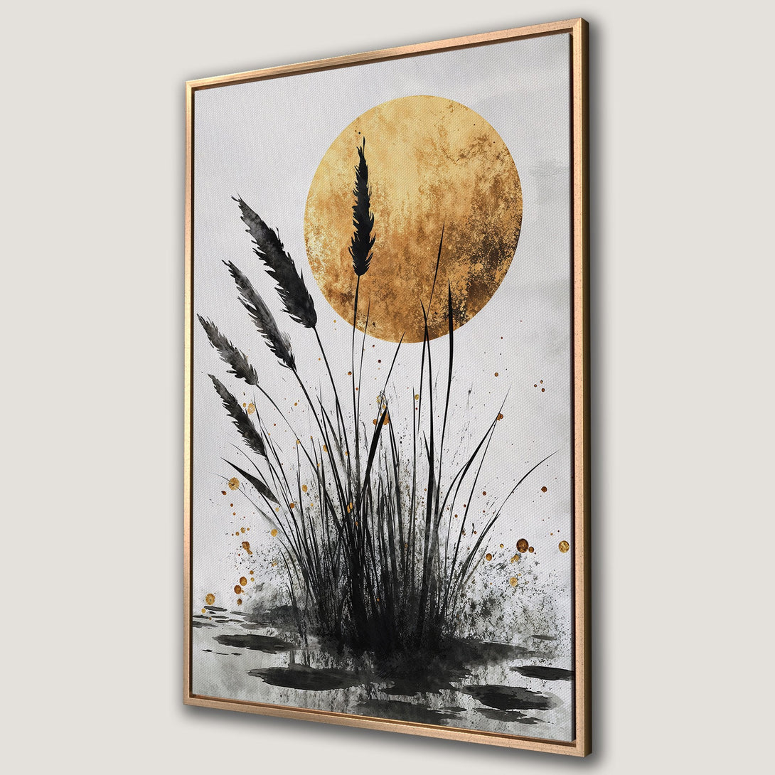 Framed Wall Art featuring an abstract watercolor of reeds and a golden sun. Neutral color palette with black, gold, and white. Perfect for modern decor.