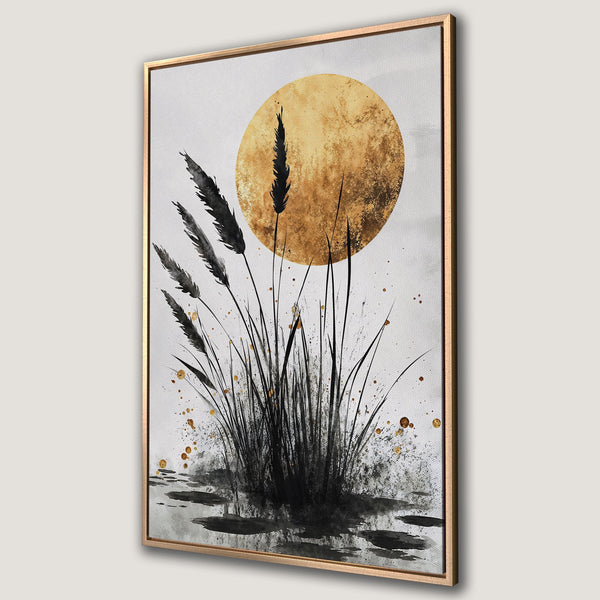 Framed Wall Art featuring an abstract watercolor of reeds and a golden sun. Neutral color palette with black, gold, and white. Perfect for modern decor.