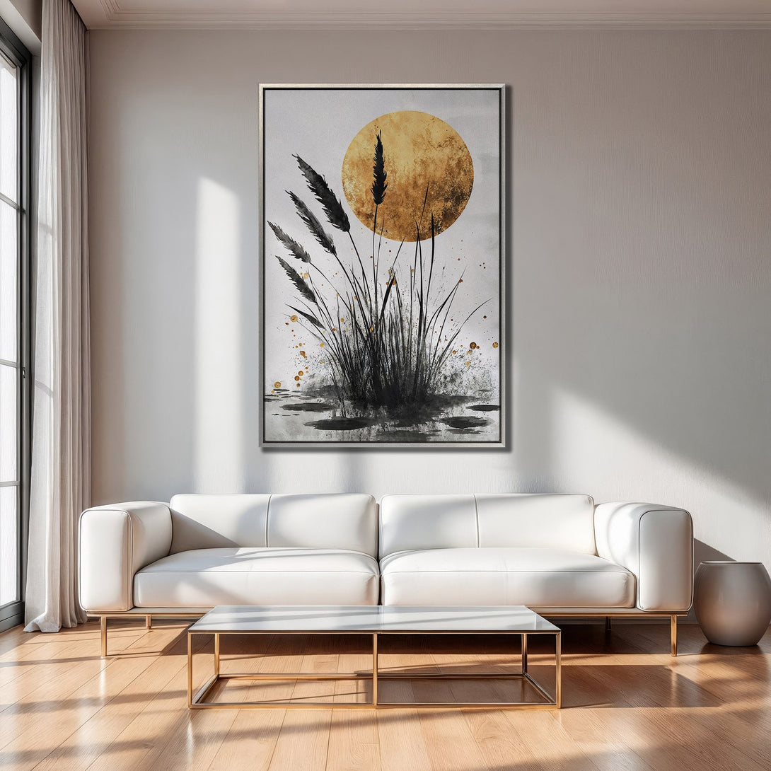 Framed Wall Art: Abstract black & gold reeds painting. Modern canvas print with neutral color palette, perfect for minimalist home decor.