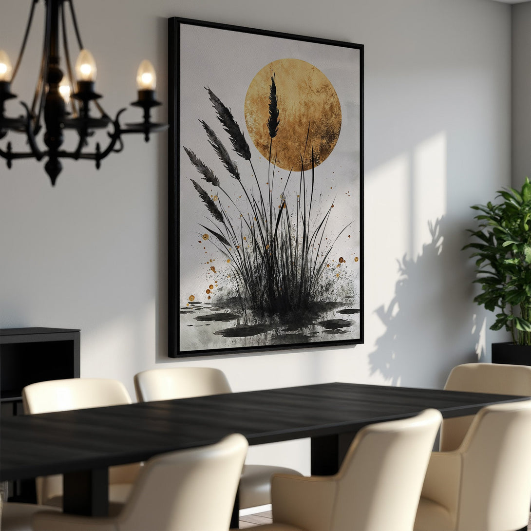 Framed Wall Art featuring a serene watercolor landscape with reeds and a golden sun. Perfect for modern decor, this artwork adds a touch of elegance.