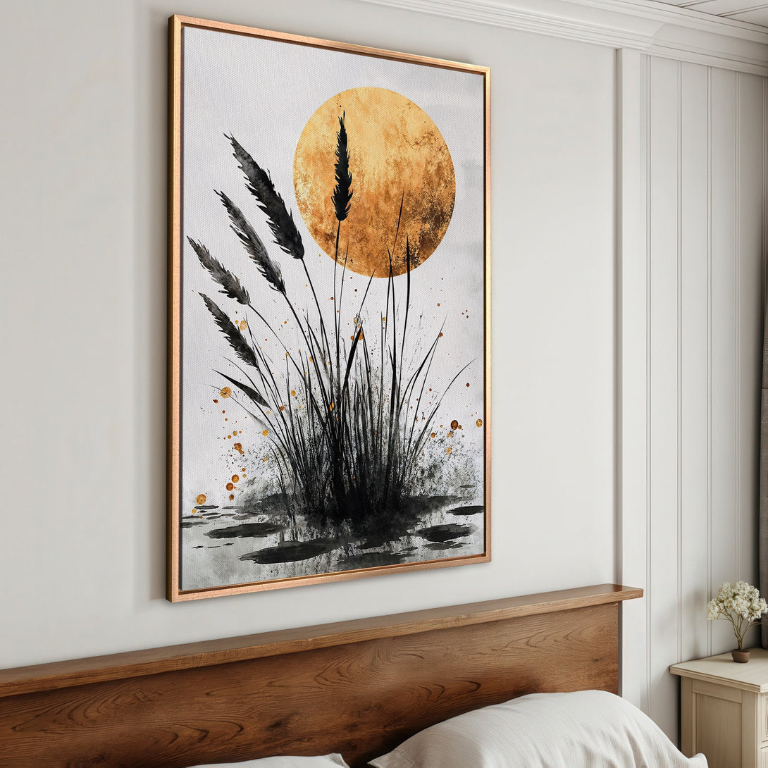 Framed Wall Art: Abstract nature canvas print with black reeds, gold sun, and neutral tones. Perfect for modern bedroom decor.