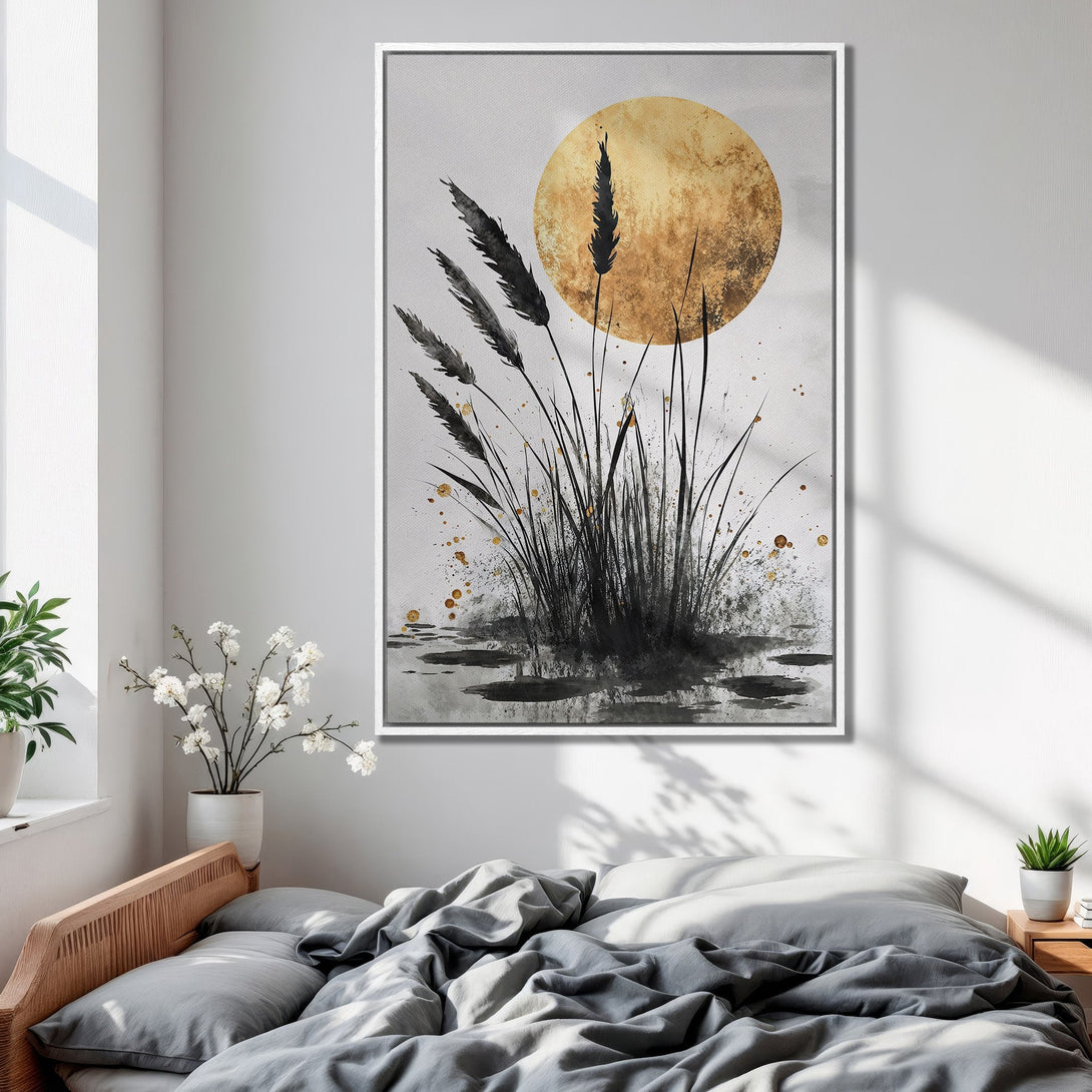 Framed Wall Art: Abstract landscape Canvas Print with gold sun & black reeds. Modern decor in a neutral palette, perfect for bedroom or living room.