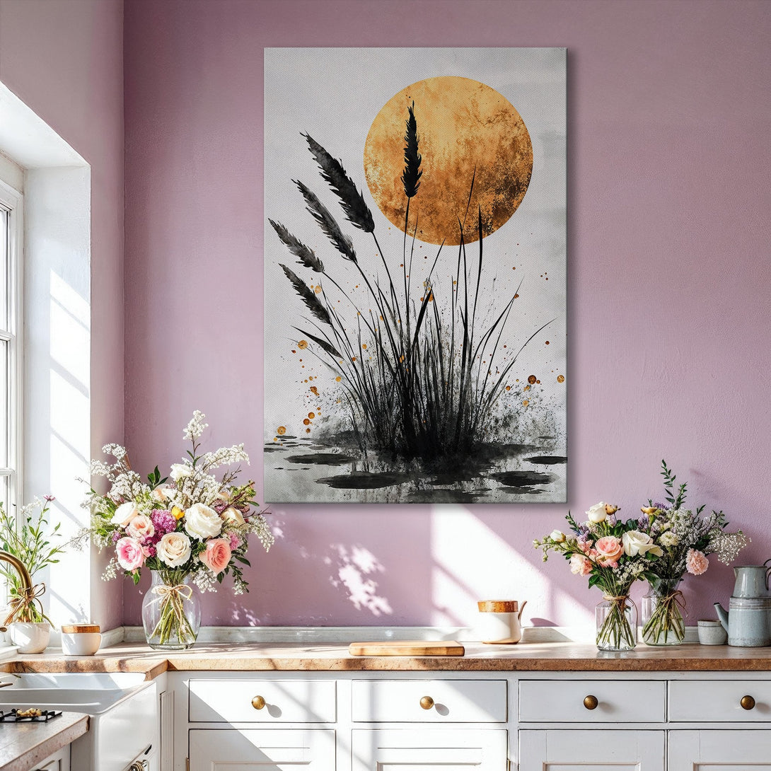 Framed Wall Art featuring an abstract black and gold botanical design with a gold sun. Modern art with neutral color palette, perfect for living room decor.