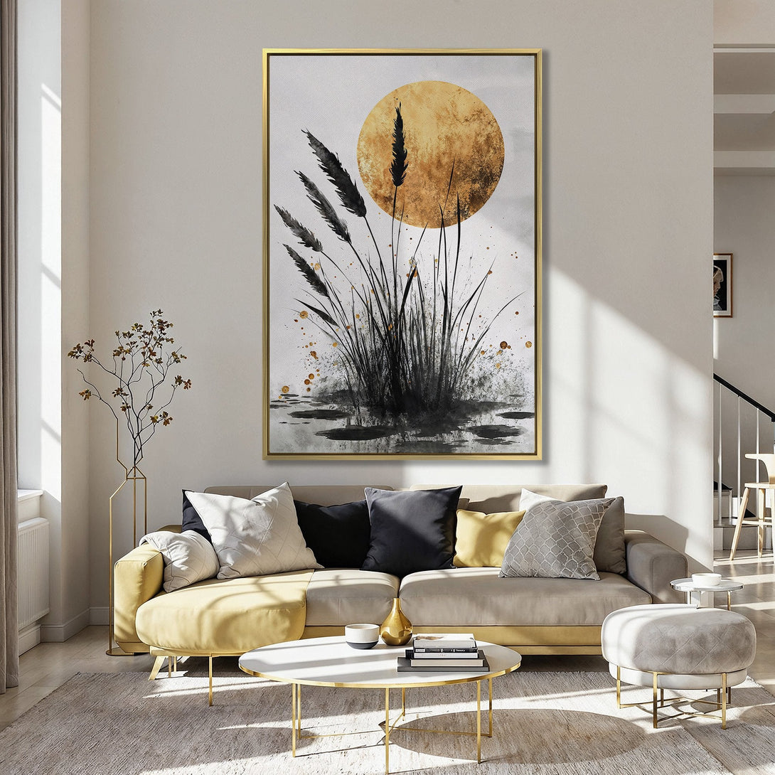 Canvas Print featuring a serene watercolor landscape with a golden sun and black reeds, perfect for adding a touch of zen to your space.