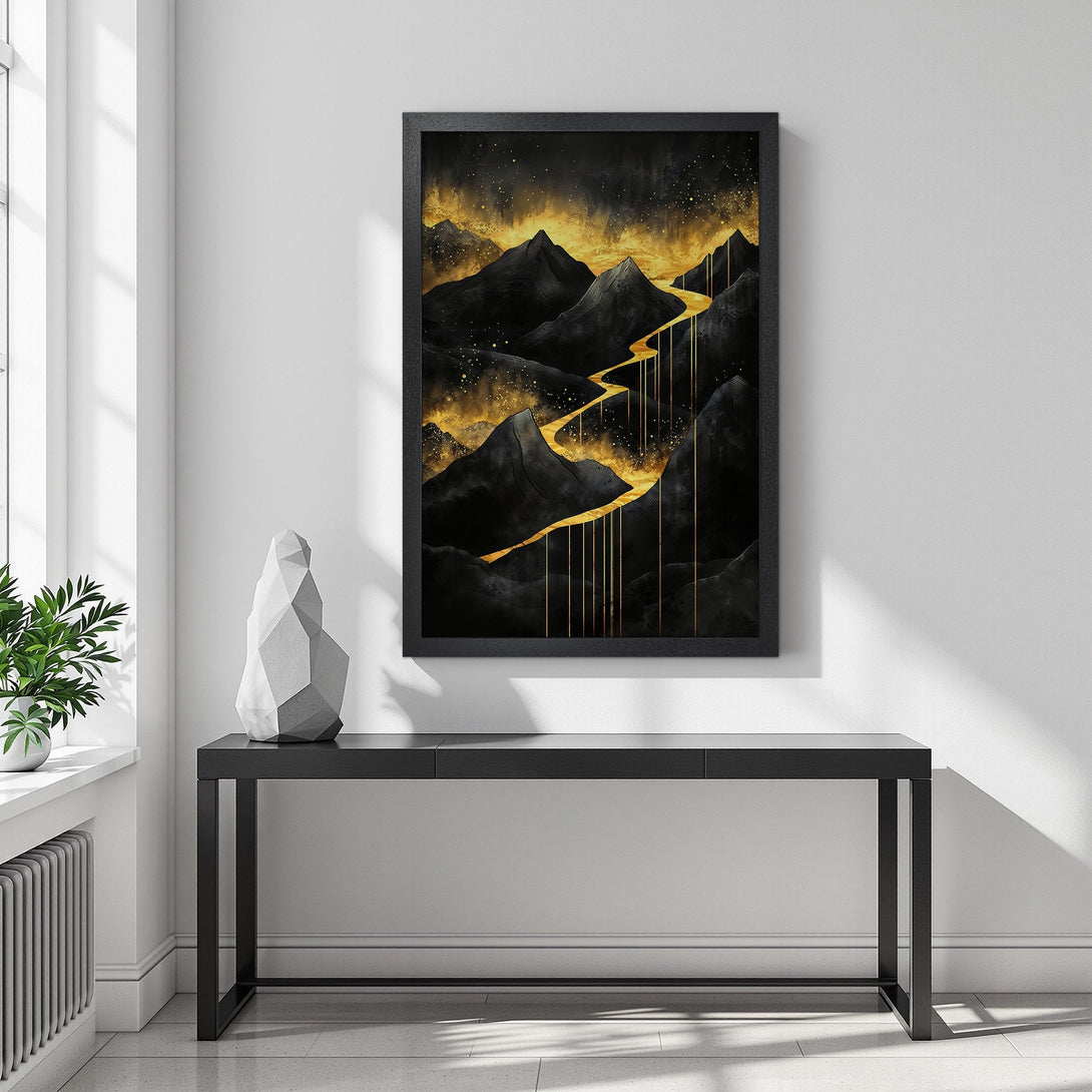 Framed Poster featuring abstract mountain landscape art in black and gold. Modern, stylish wall decor.
