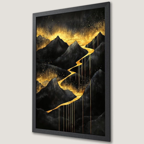 Framed Poster: Abstract mountain landscape art print in black and gold. Modern wall decor with a striking color palette.
