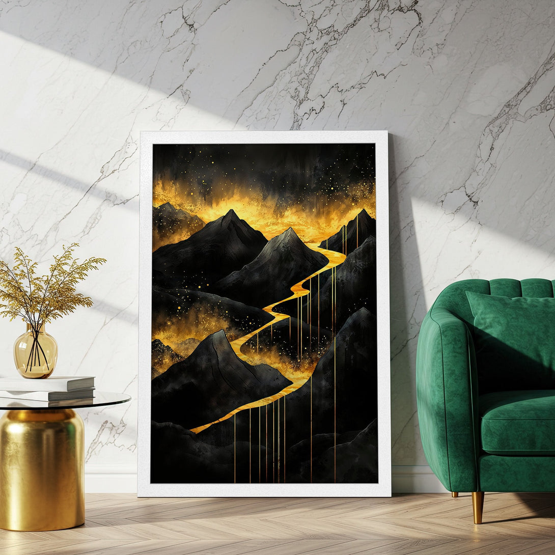 Framed Poster featuring a mountain landscape in a watercolor style with a black and gold color palette. Perfect wall art!
