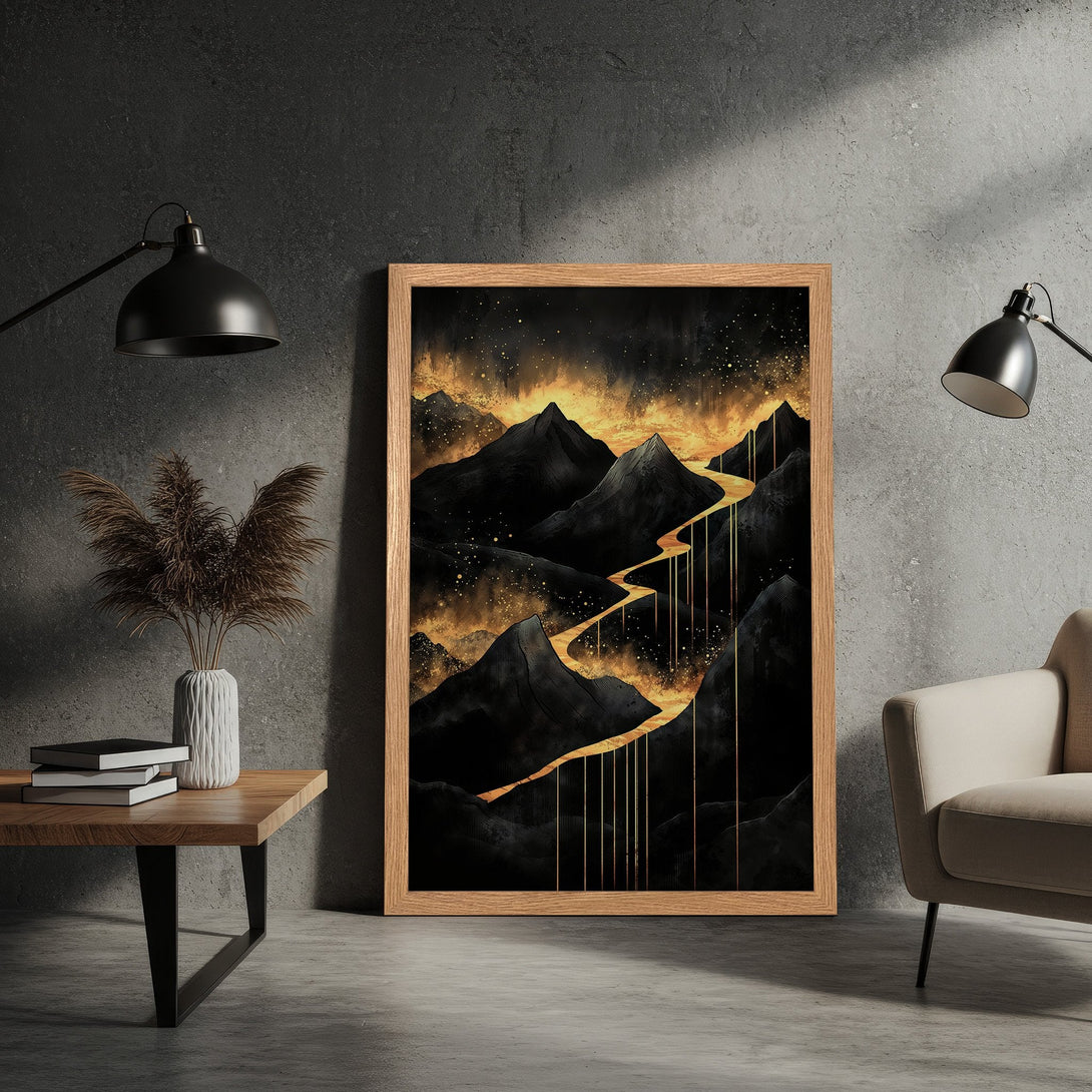 Framed Poster featuring a dramatic mountain landscape in black and gold. Modern art print for home decor.