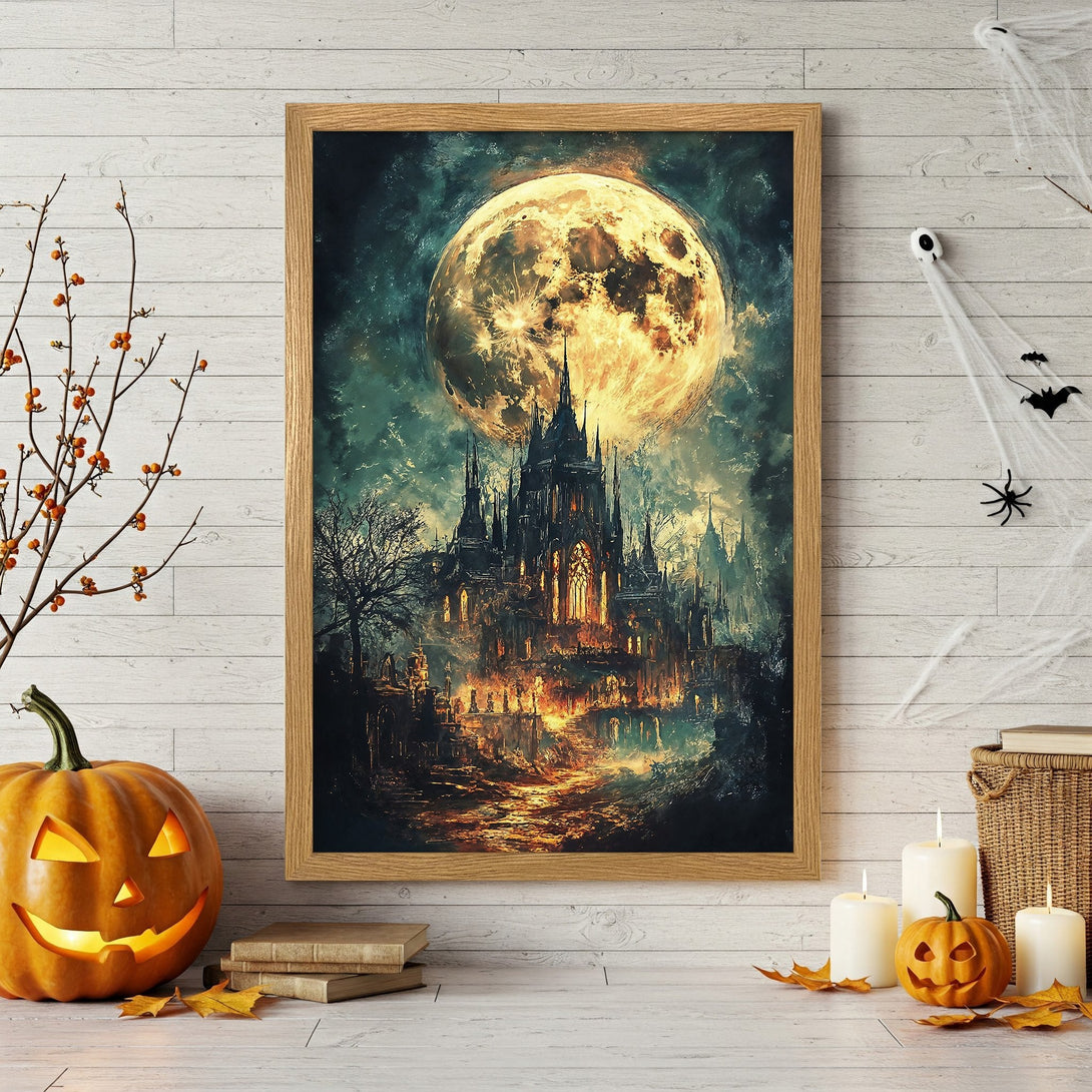 Framed Poster: Spooky castle under a full moon. Dark, dramatic art with teal and gold color palette. Perfect Halloween decor!