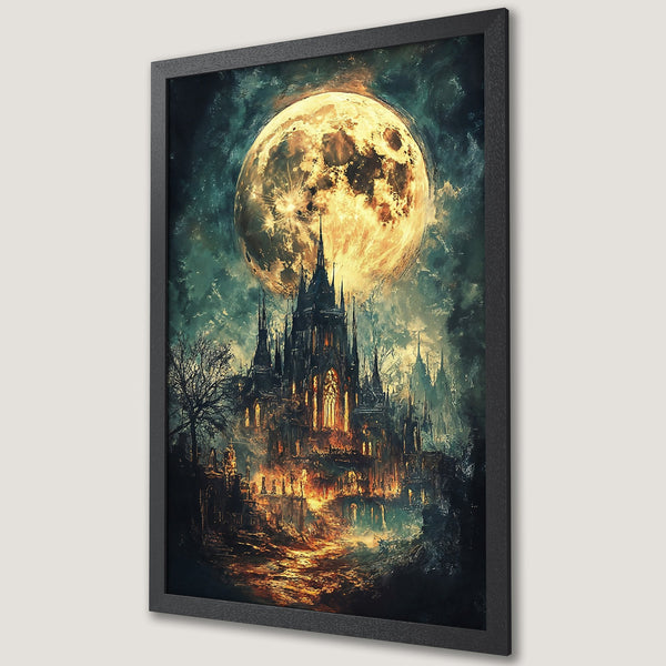 Framed Poster: Gothic castle under a full moon, dark fantasy art with a moody teal and gold color palette. Perfect wall decor.