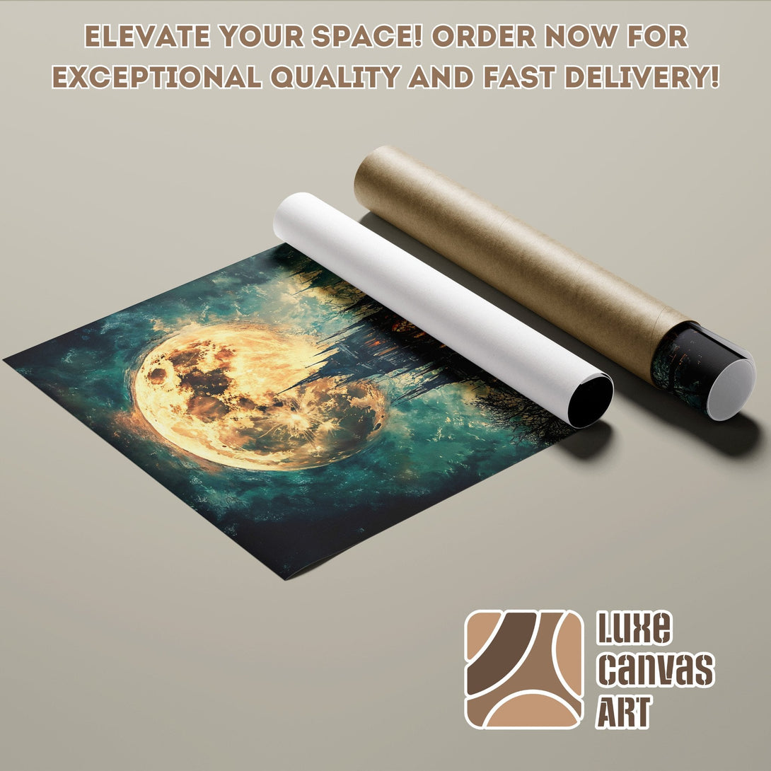 Poster Roll featuring a mystical moon landscape art print, teal and gold color palette.