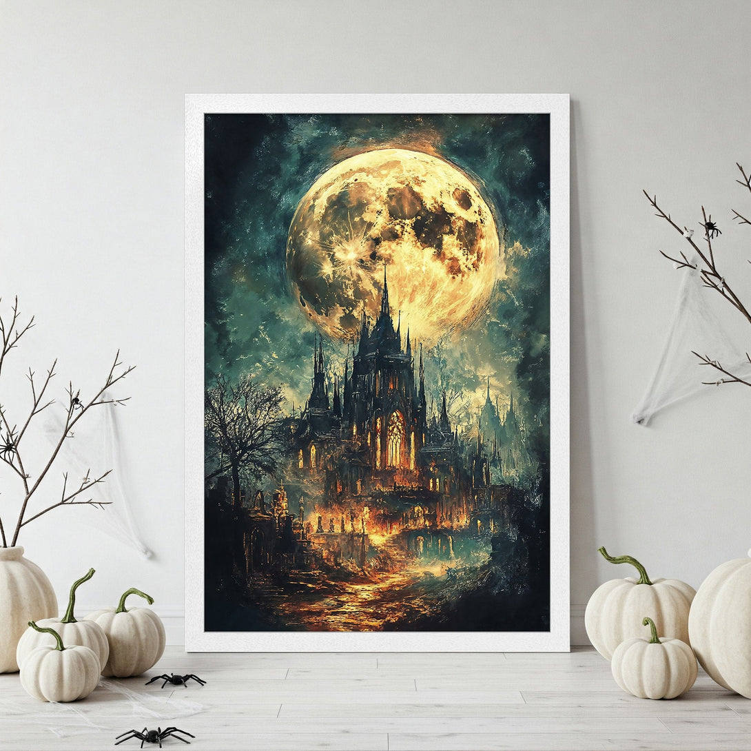 Framed Poster featuring a gothic castle under a full moon. Dark, dramatic art with a teal and gold color palette, perfect for Halloween decor.